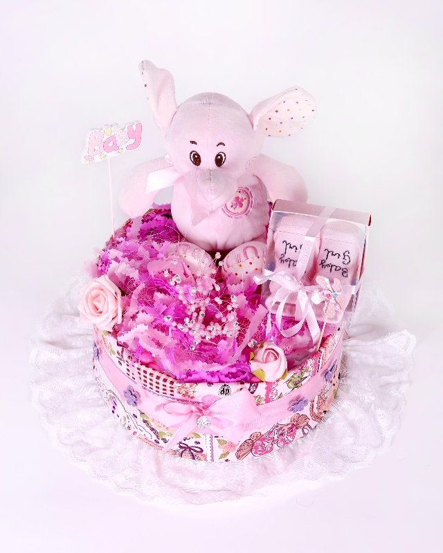 One tier Vintage  theme Pink Baby Girl Nappy Cake