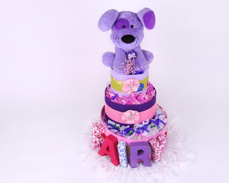 3 tiers Purple Puppy Nappy Cake